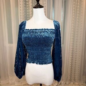 Anthropologie Teal Velvet Smocked Blouse